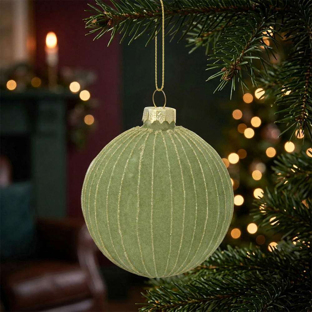 Green Flocked Striped Bauble Image 5