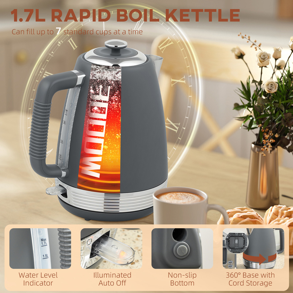 HOMCOM 800-267V70BK Grey 1.7L Quick Boil Kettle 3000W and 4 Slice Toaster Set Image 4