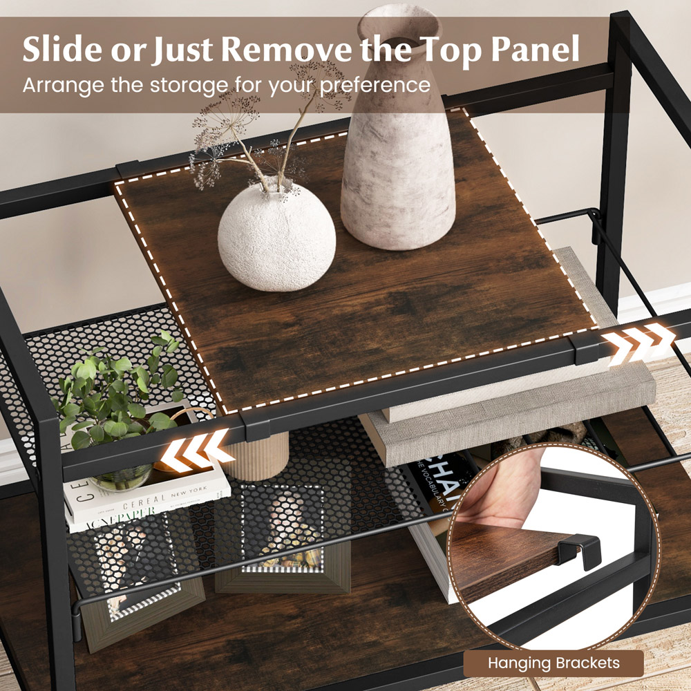 Costway 3 Shelf Rustic Brown Side Table with Removable Mesh Image 7