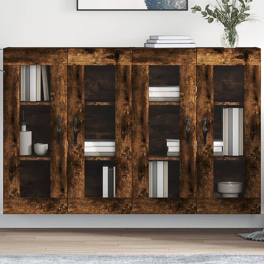 vidaXL 2 Glass Door Smoked Oak Wooden Wall-Mounted Cabinet Set of 2 Image 1