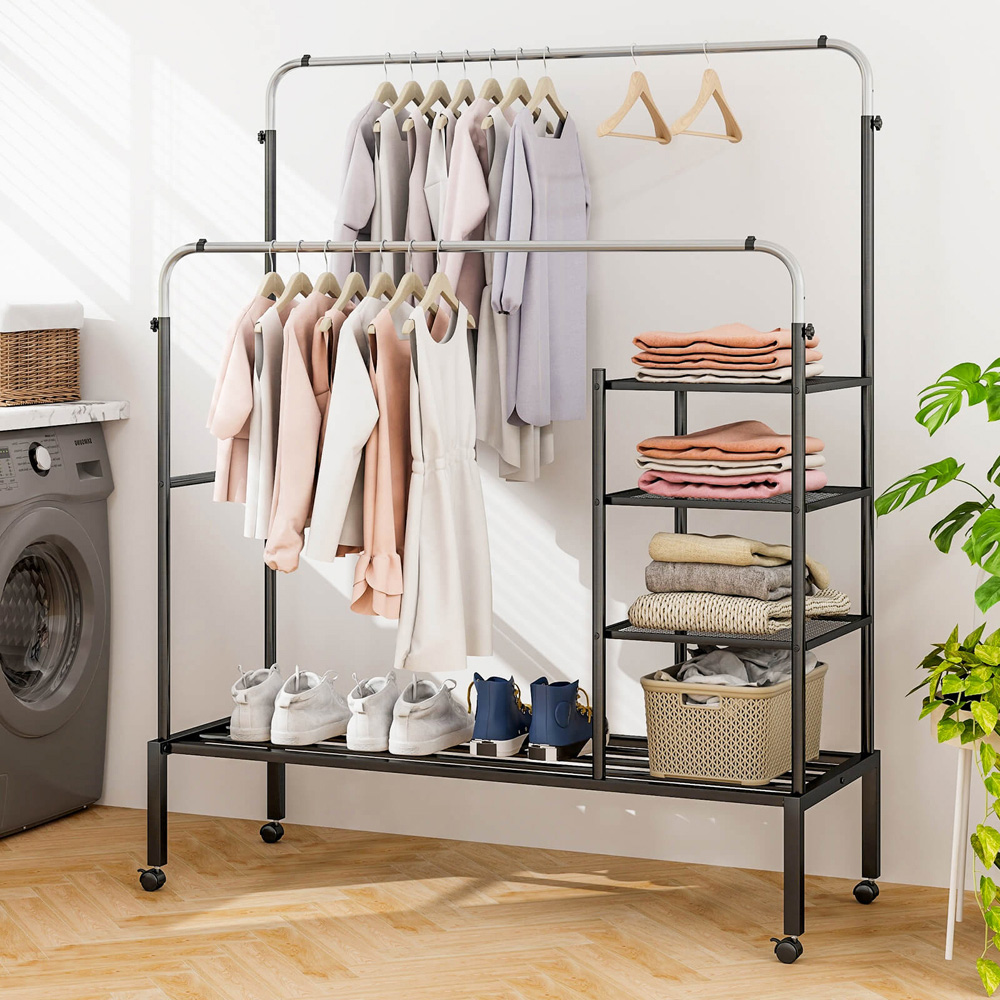 Costway 4 Shelf 2 Hanging Bars Black and Silver Rolling Clothes Rack Image 2