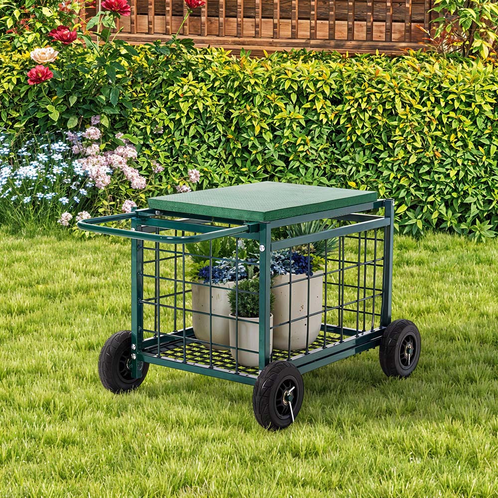 Living and Home Green Garden Work Seat Cart with Storage Image 2