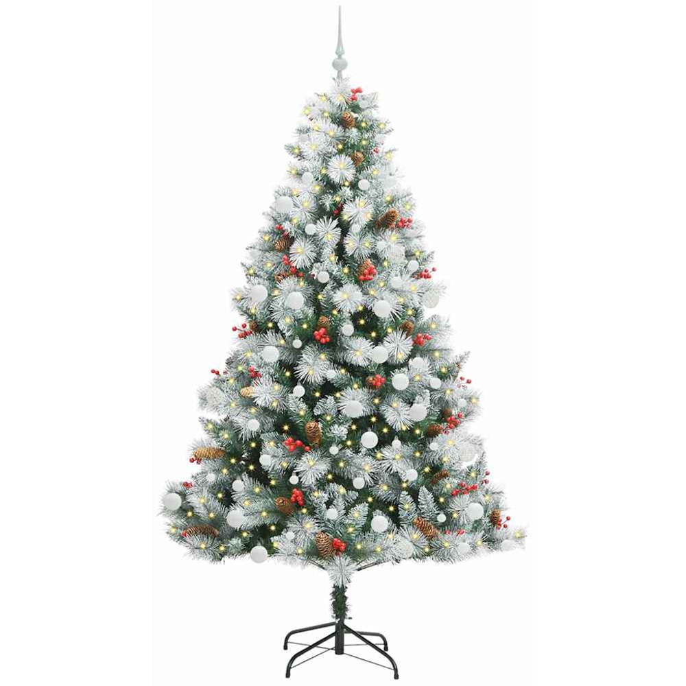 vidaXL Pre-Lit White Baubles Green Artificial Snow Flocked Christmas Tree 7ft Image 1