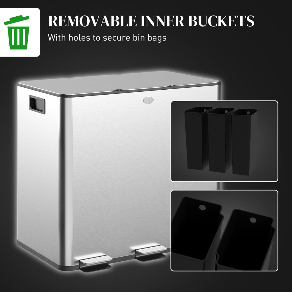 HOMCOM Silver Tone Triple Bin Kitchen Pedal Bin 45L Image 7