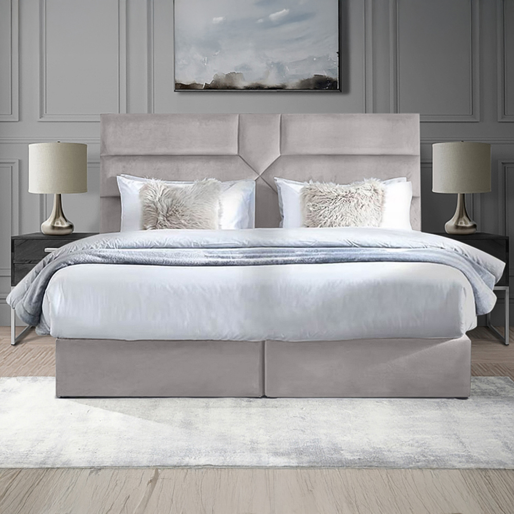 Eleganza Home Tranquilite Super King Size Silver Plush Velvet Divan Bed with Headboard Image 1