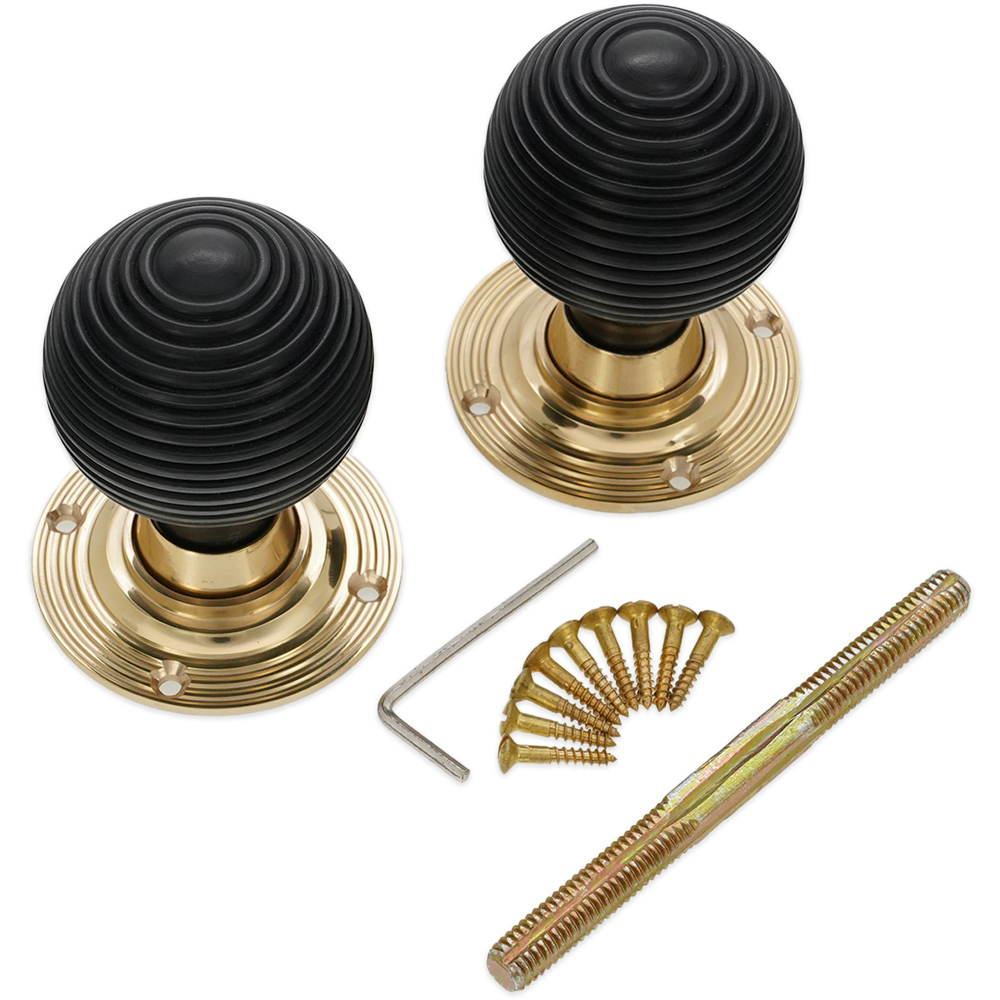 Spira Brass Polished Brass Ebony Beehive Rim and Mortice Door Knob 2 Pack Image 4