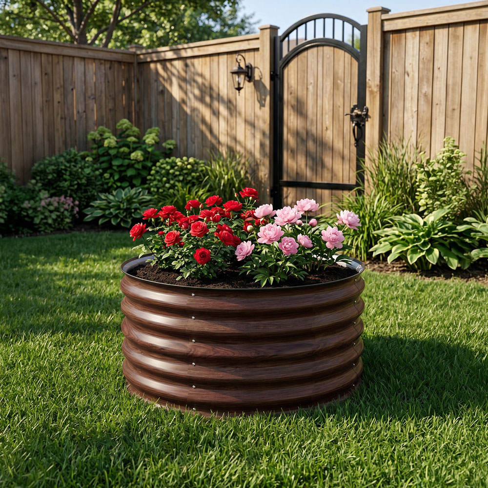 Living and Home Brown Round Metal Raised Garden Bed with Open Bottom 80 x 43cm Image 2