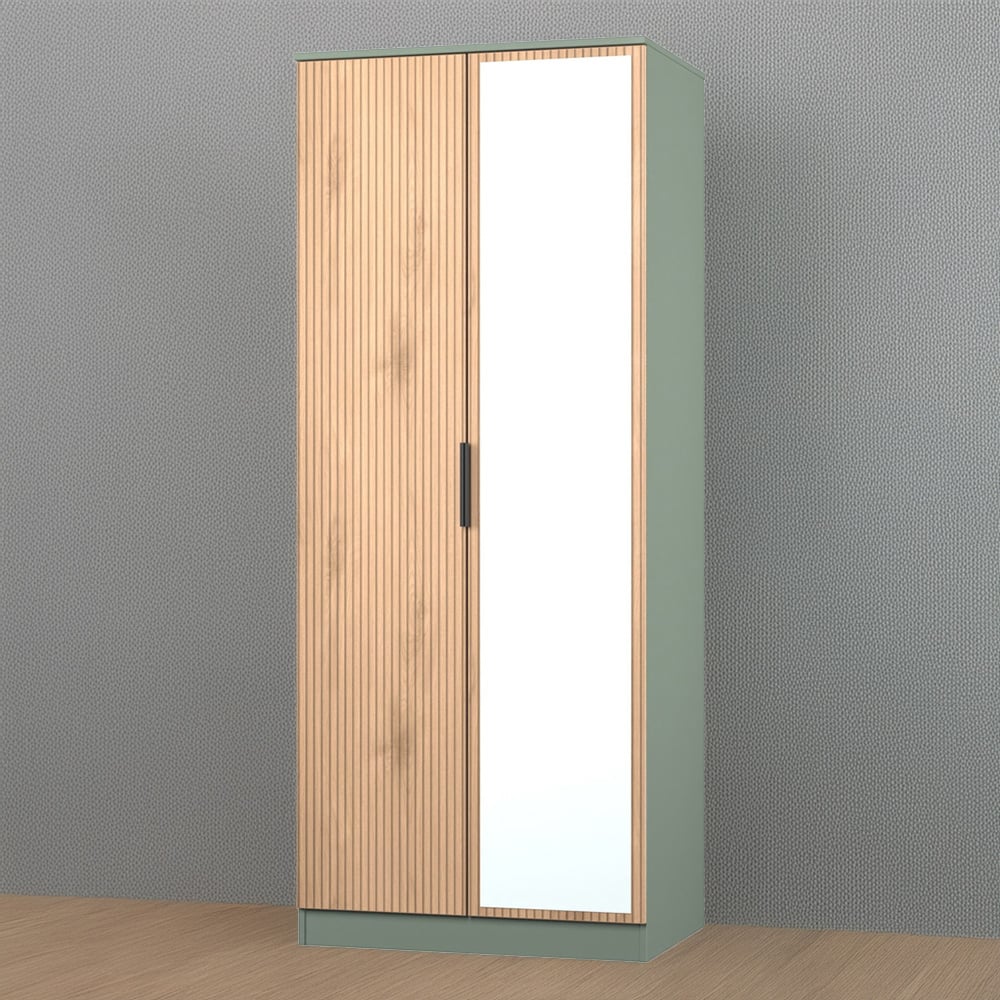 Crowndale Java 2 Door Slatt Effect and Reed Green Mirror Wardrobe Image 1