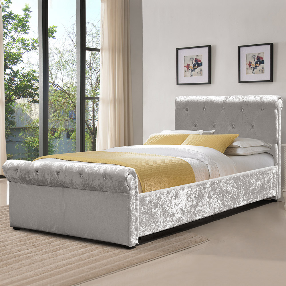 Brooklyn Single Silver Crushed Velvet Diamante Chesterfield Sleigh Bed Frame Image 1
