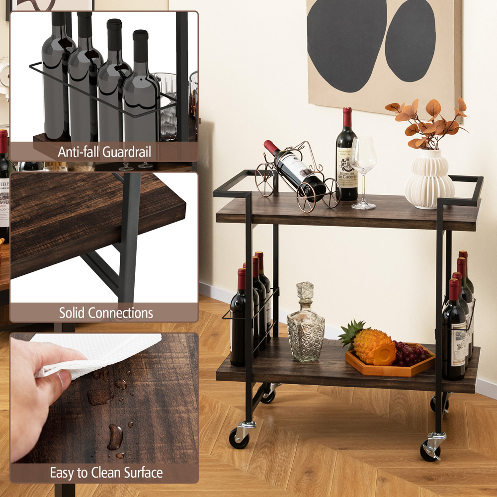 Costway 2 Shelf Rustic Brown Home Bar Cart with Lockable Wheels Image 7