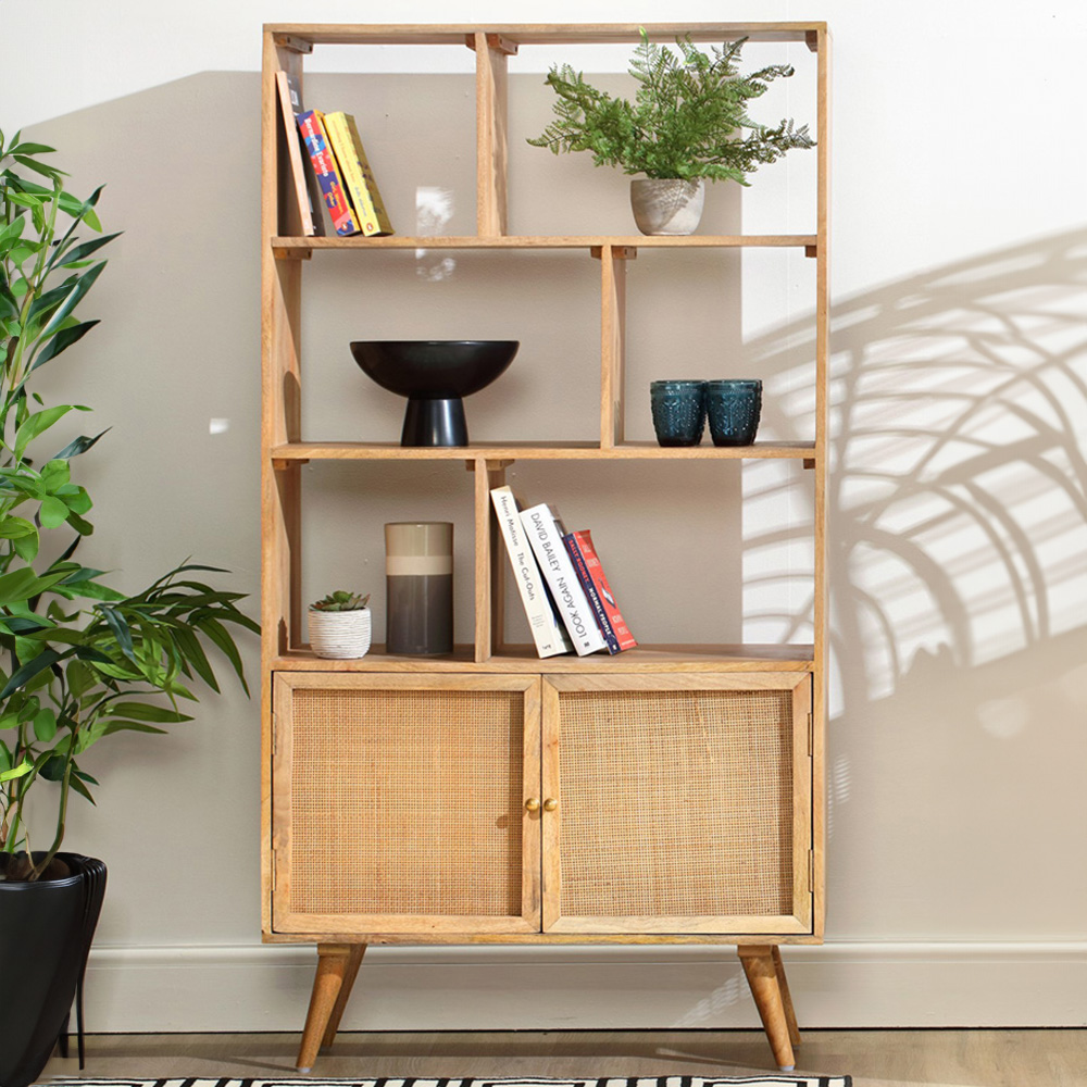 Desser Manhattan 2 Door 6 Shelf Natural Rattan and Mango Wood Standing Bookcase Image 1