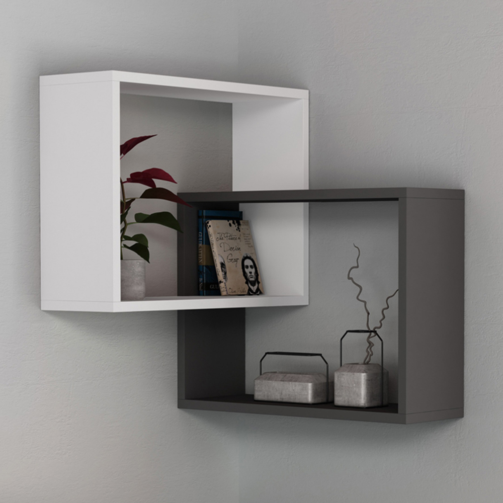 Decortie Ring Corner 3 Shelf White Anthracite Grey Wall Mounted Modern Bookcase Image 1