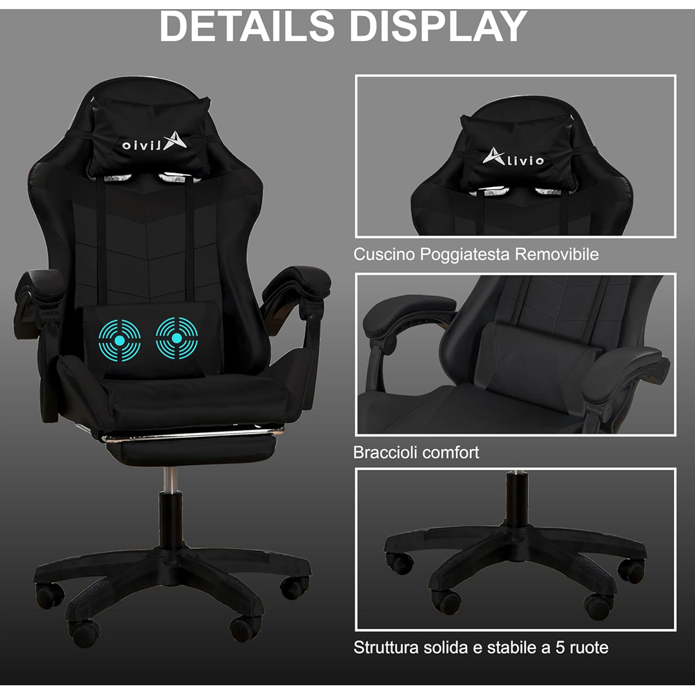 Alivio Black Ergonomic Swivel Gaming Chair with Footrest and Lumbar Support Image 8
