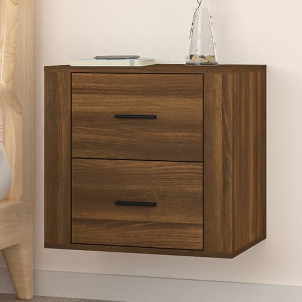 vidaXL 2 Drawer Brown Oak Wall Mounted Bedside Cabinet Image 1