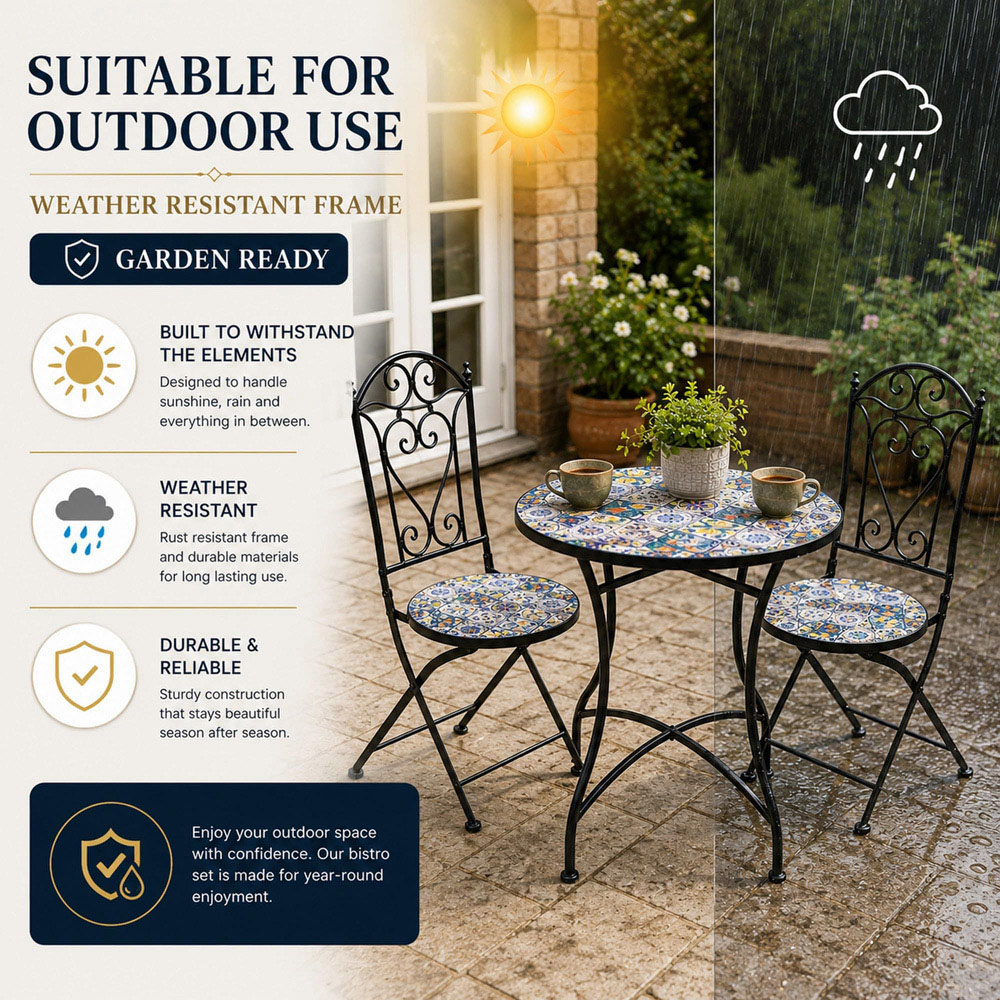 Shatchi Lisbon 2 Seater Mosaic Ceramic Tile Top Foldable Bistro Set Image 8
