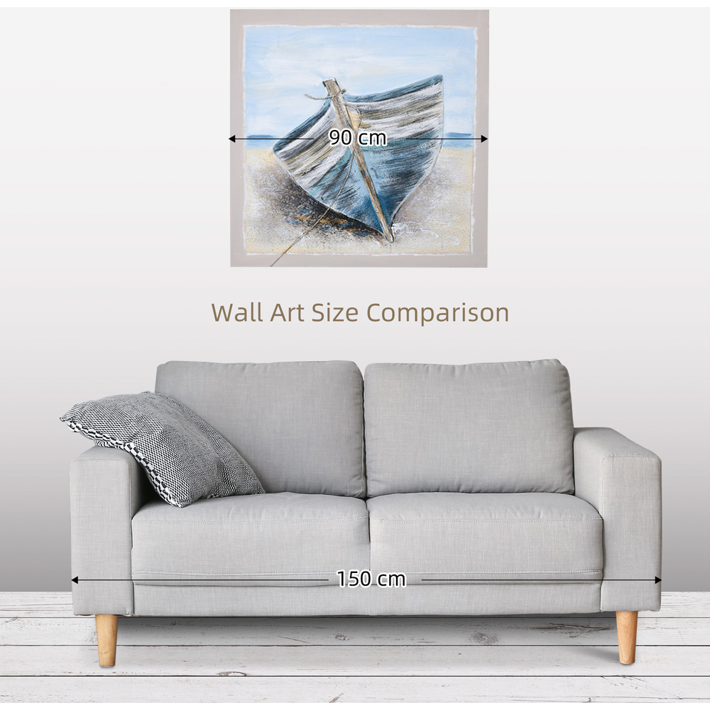 HOMCOM Hand-Painted Blue Boat in the Beach Wall Art Canvas 90 x 90cm Image 7