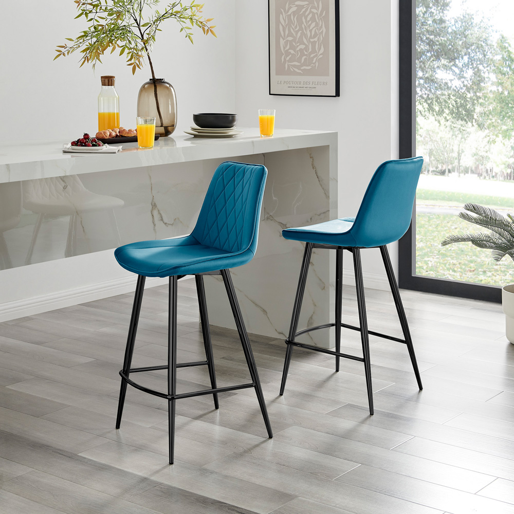 Furniturebox Set of 2 Blue and Black Velvet Bar Chairs Image 5