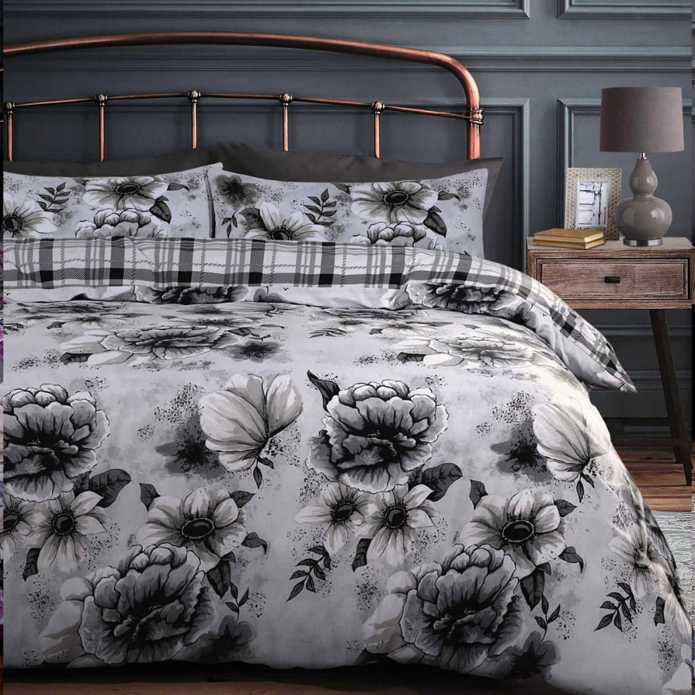 Velosso EasyCare King Size Grey Classic Floral Reversible Duvet Set Image 1