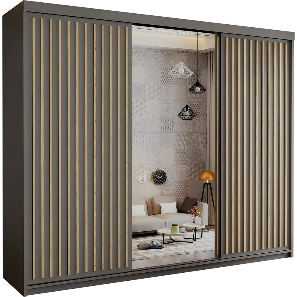 Sliding Wardrobes 4U Royal 3 Door Grey Weave Minimalist Mirrored Wardrobe 250cm Image 2