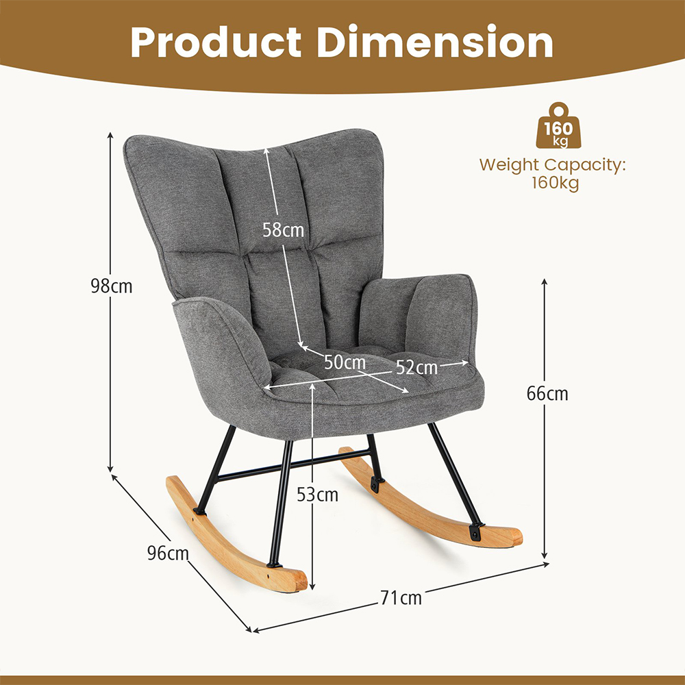 Costway Grey Linen High Backrest Nursery Rocking Chair Image 9