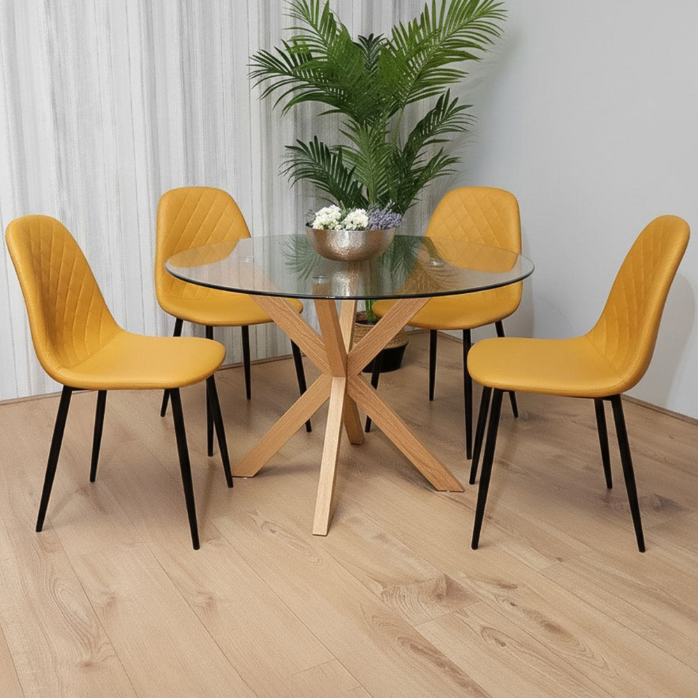 Portland 4 Seater Gem Pattern Round Glass Dining Set Mustard Image 1