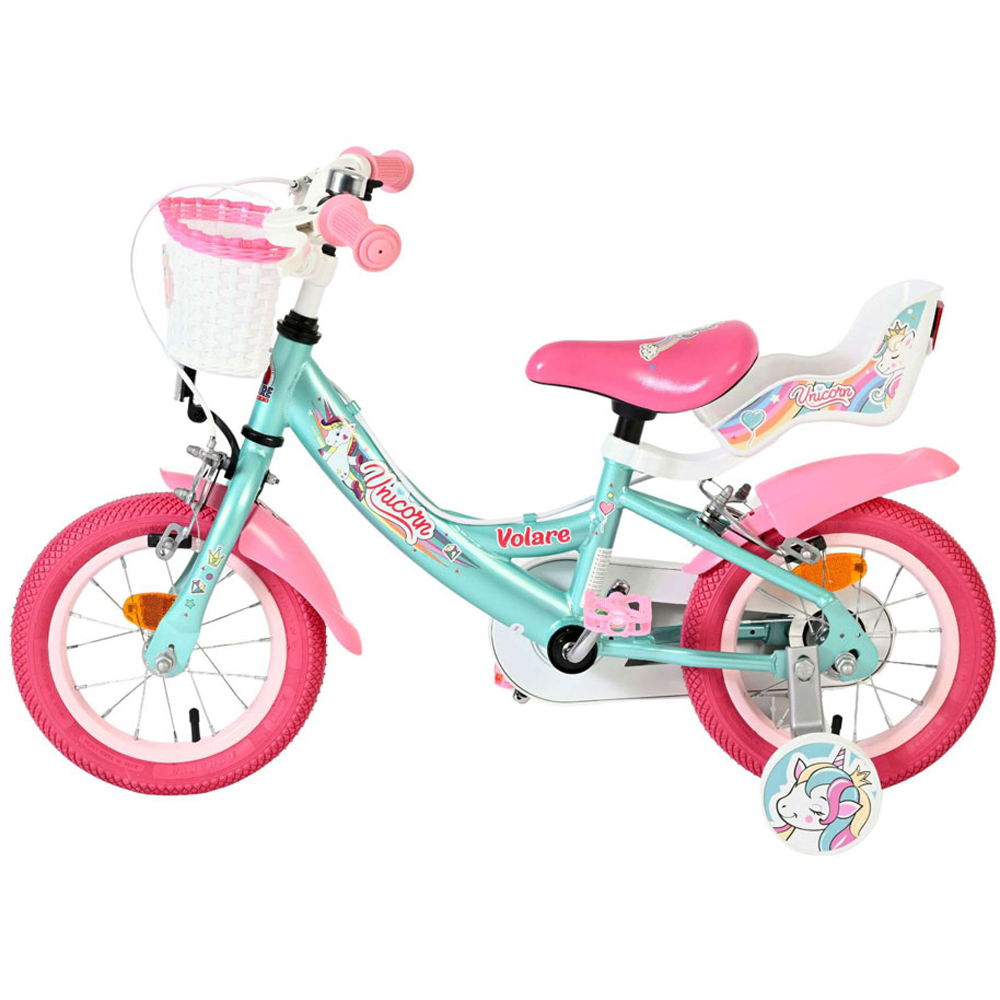 Volare Unicorn Kids 12 inch Green and Pink Bike with Stabilisers Doll Seat and Basket Image 5