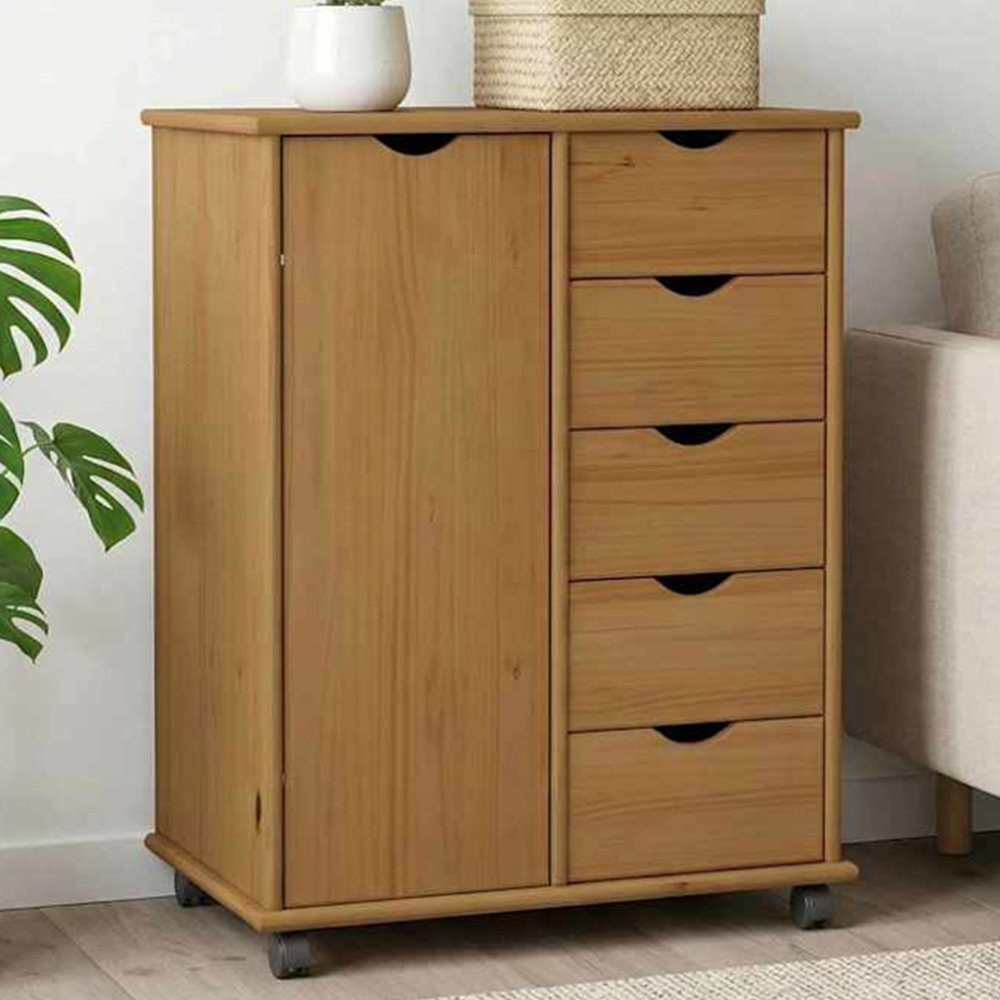 vidaXL Single Door 5 Drawer Honey Brown Rolling Storage Cabinet Image 1