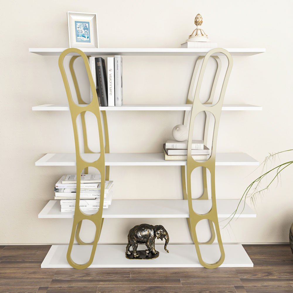 Decorotika Adar 5 Shelf White and Gold Bookcase Image 4