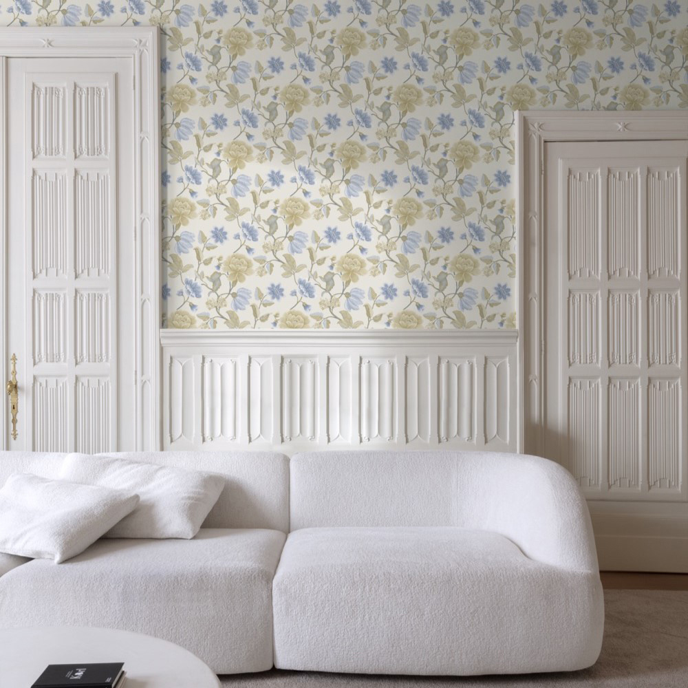 Grandeco Celica Camellia Bloom Floral Trail Textured China Blue Wallpaper Image 2
