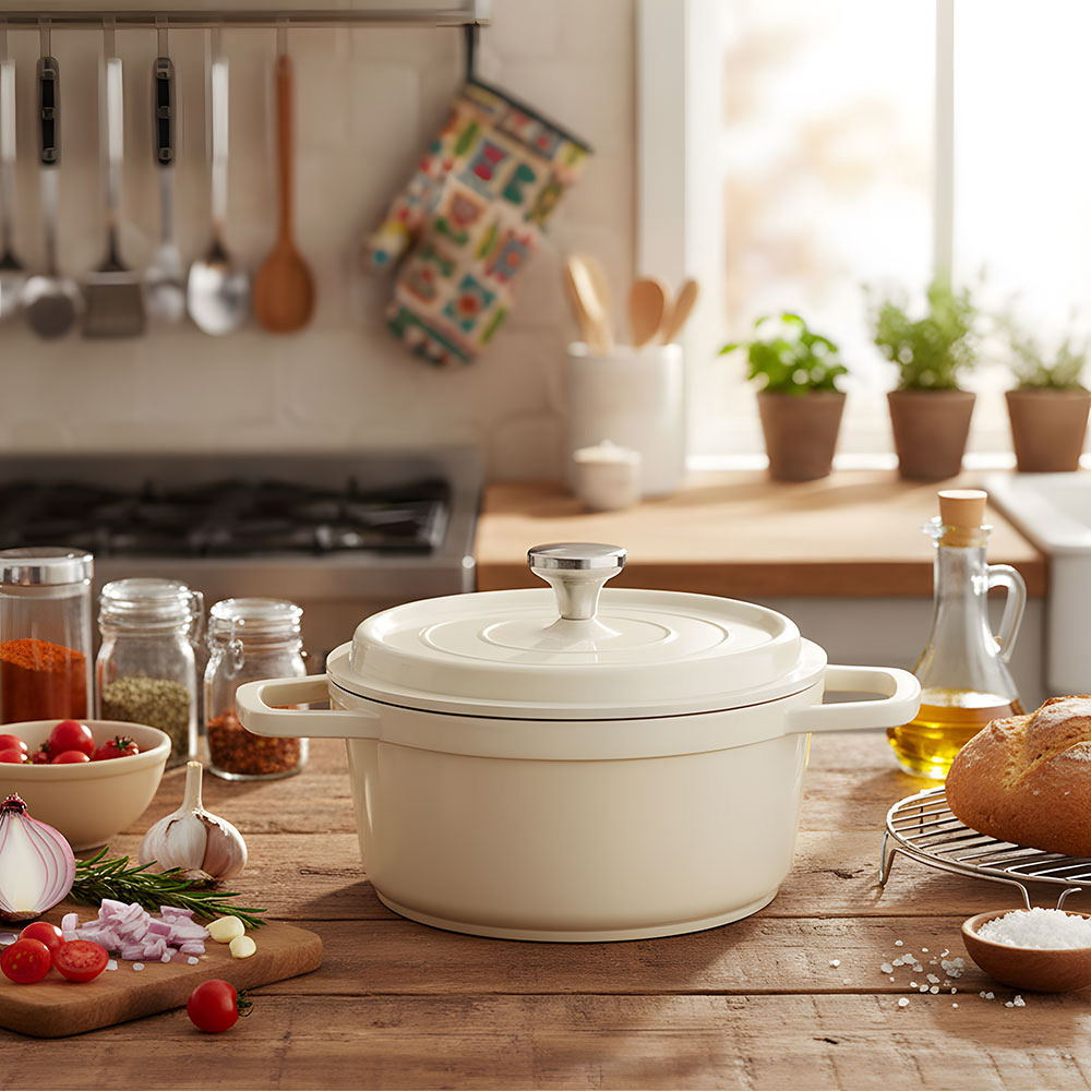 Living and Home 4.75L White Non-Stick Cast Aluminium Enamelled Cooking Pot with Lid Image 2