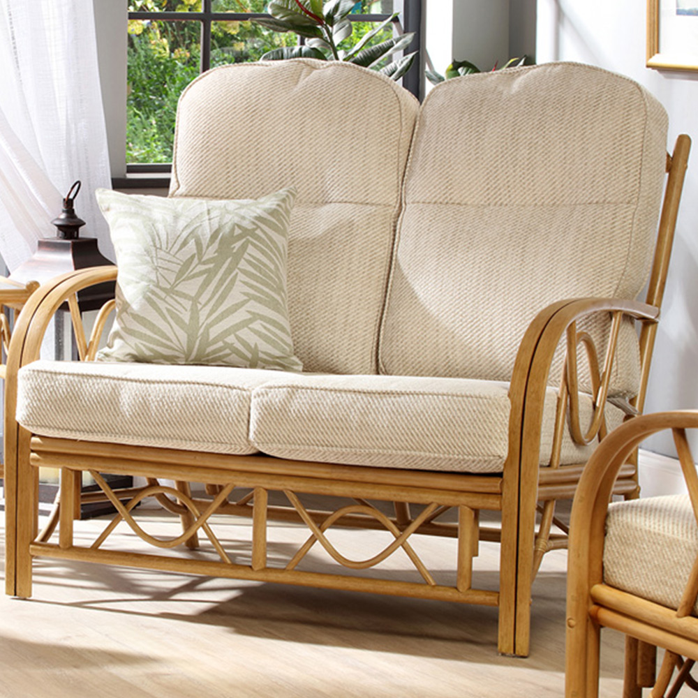 Desser Bali 2 Seater Beige and Cream Fabric Natural Rattan Sofa Image 1