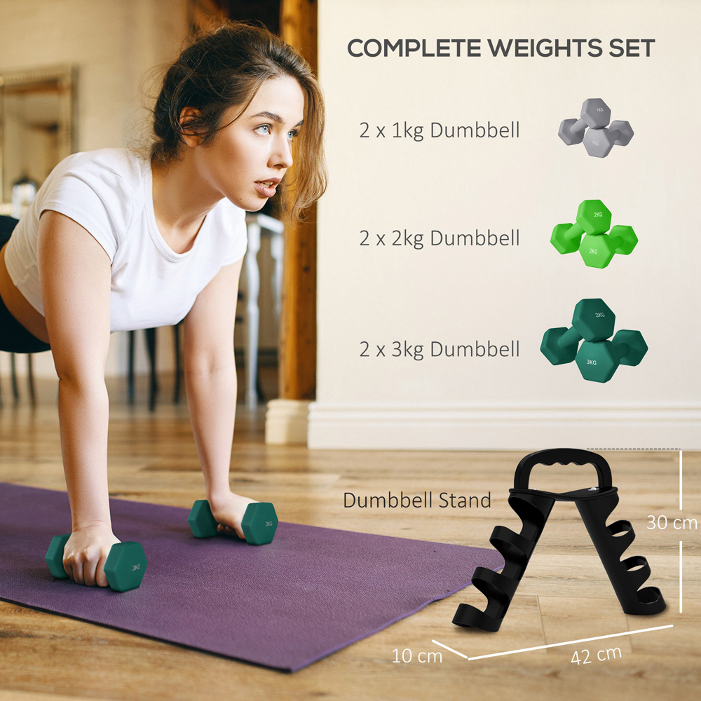 SPORTNOW Dumbbells Set with Carry Storage Rack 1kg 2kg 3kg 6 Pack Image 4