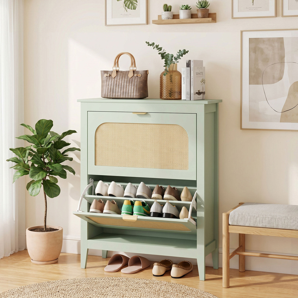 HOMCOM 2 Flip Door Green Rattan Boho-Style Slim Shoe Cabinet Image 3