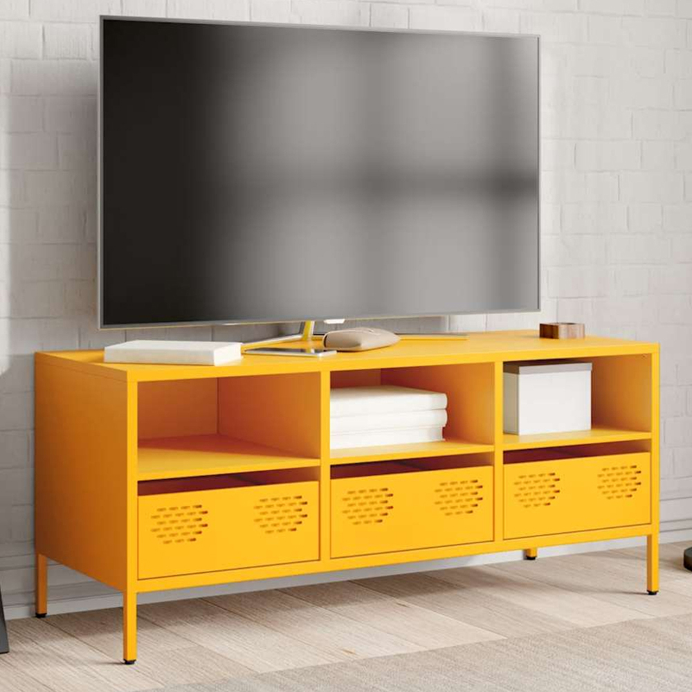 vidaXL 3 Drawer 3 Shelf Mustard Yellow Cold-Rolled Steel TV Cabinet Image 1