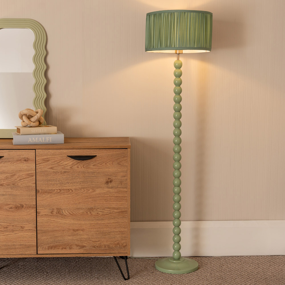ValueLights Bobbins Ruched Pleated Green Drum Shade Sage Green LED Floor Lamp Image 2