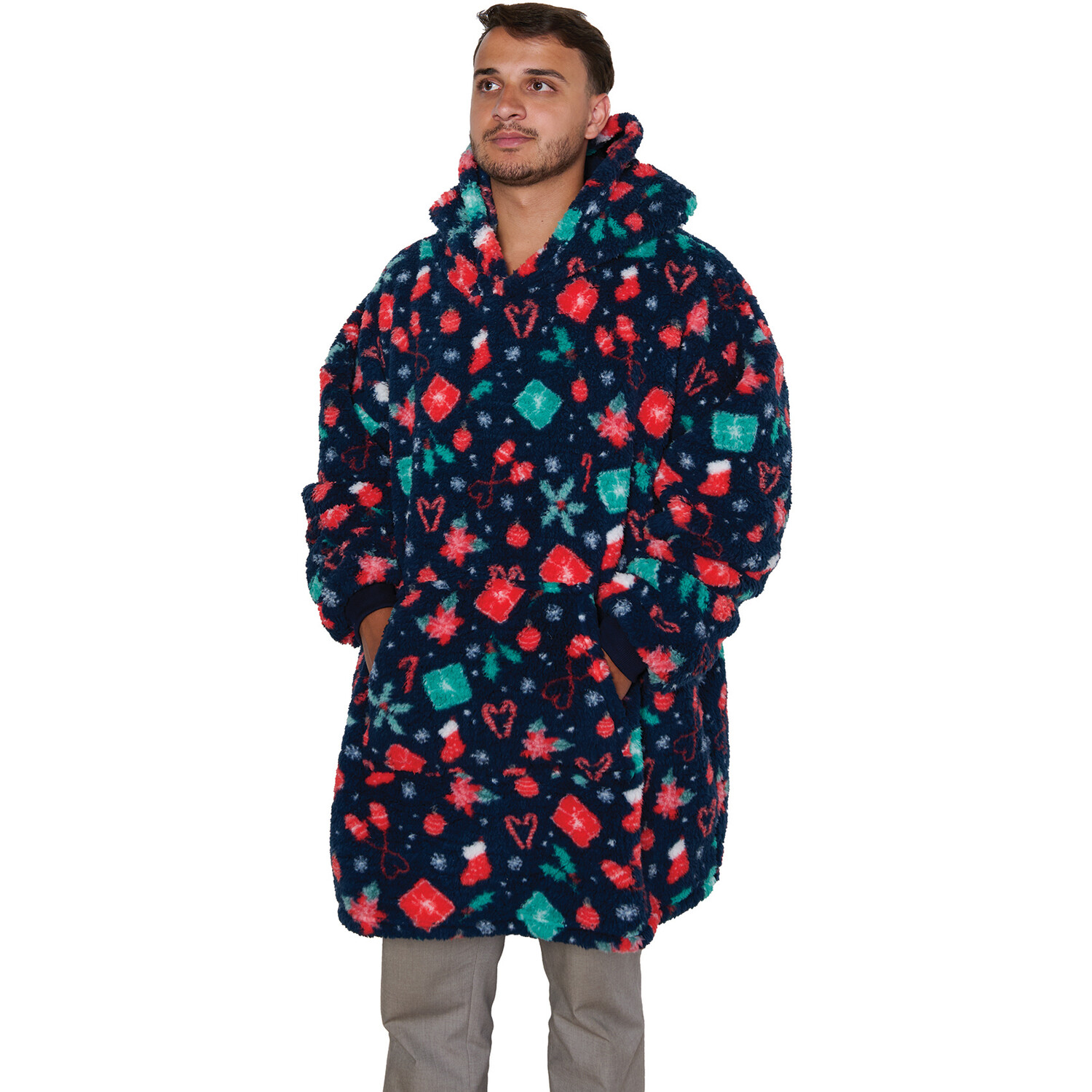 Festive Christmas Sherpa Hoodie Navy 78cm Image 2