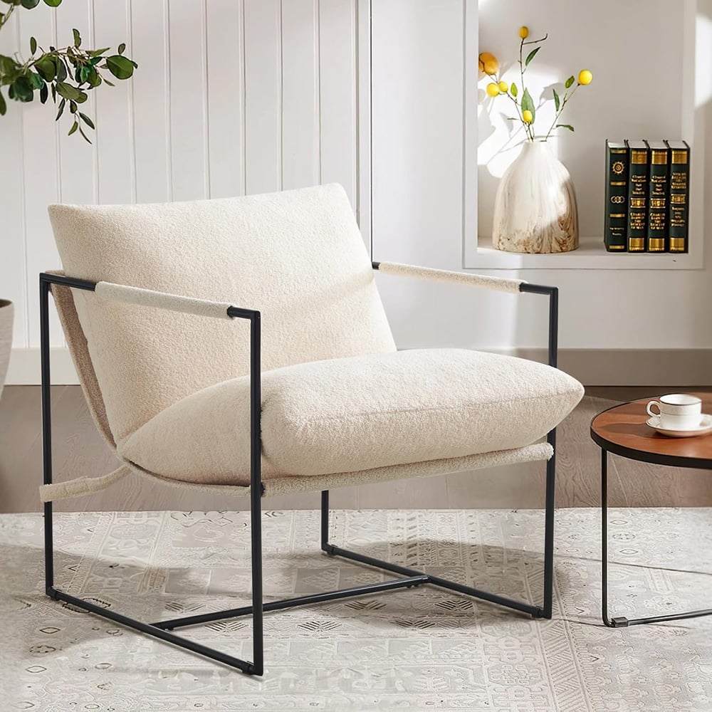 wilko Luca White Boucle Upholstered Lounge Accent Chair with Metal Frame Image 3
