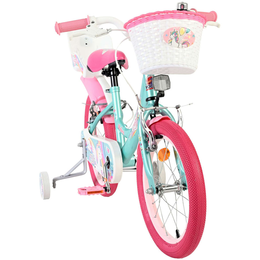 Volare Unicorn Kids 16 inch Green and Pink Bike with Stabilisers Doll Seat and Basket Image 2