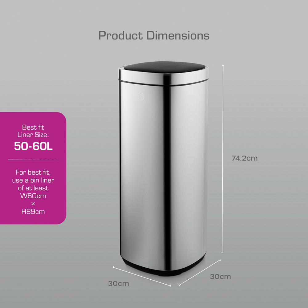 Swan Silver Stainless Steel Square Sensor Bin 50L Image 9