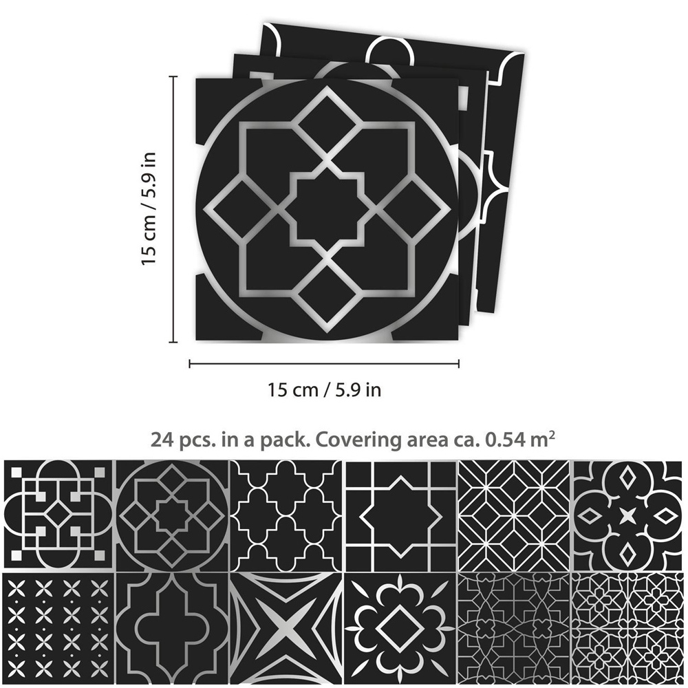 Walplus Arabic Black and Silver Self Adhesive Tile Sticker 24 Pack Image 6