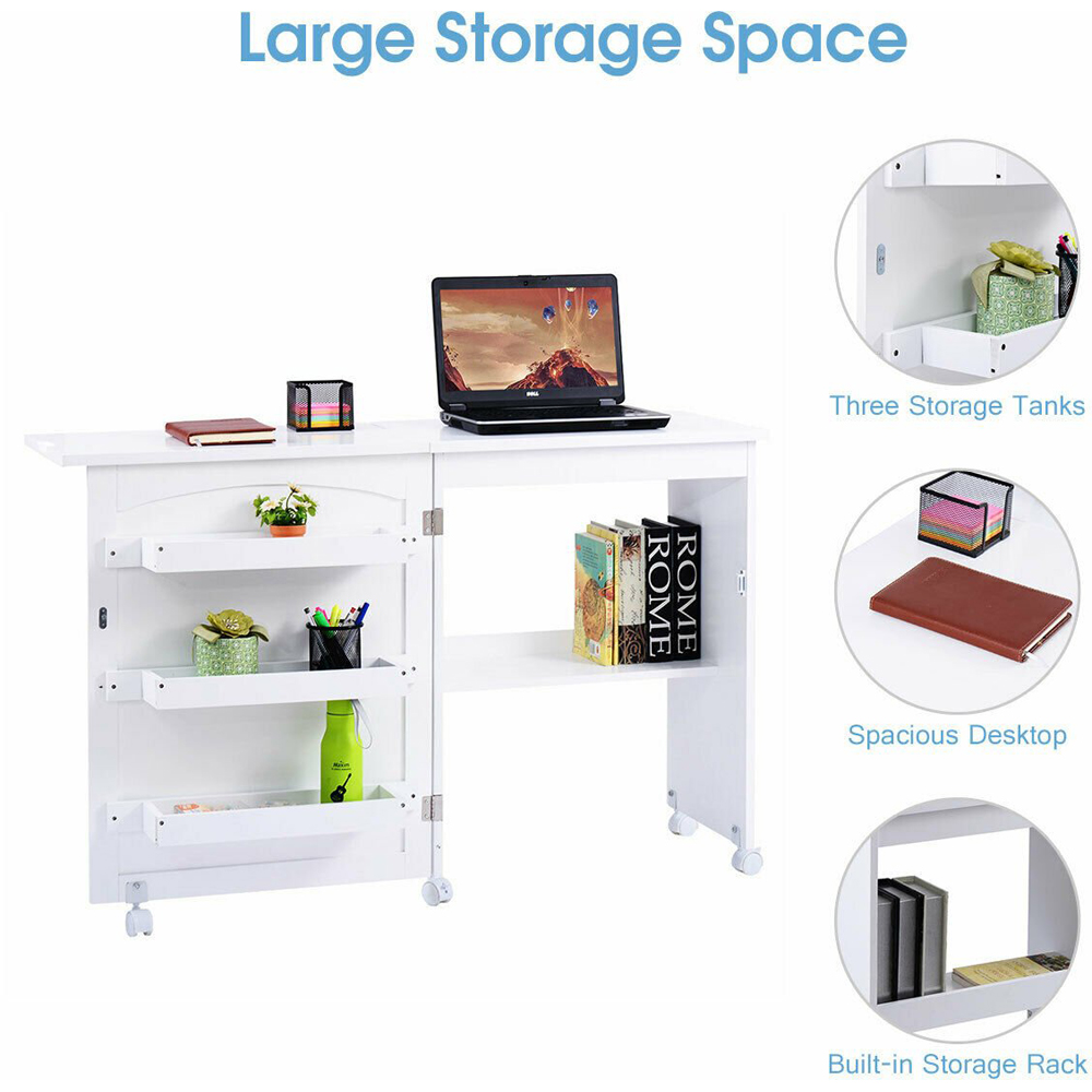 Costway White Folding Sewing Table with Storage Shelves Image 7