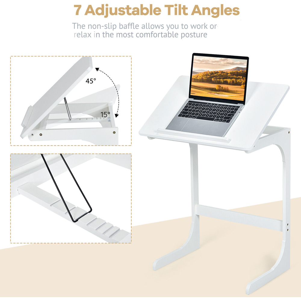 Costway C Shaped White Adjustable Bamboo Side Table Image 8