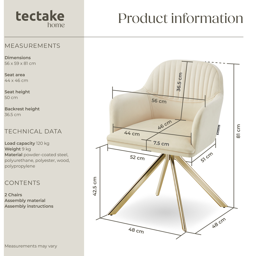 tectake Lona Set of 2 Cream and Gold Velvet Fabric Swivel Accent Chair Image 9