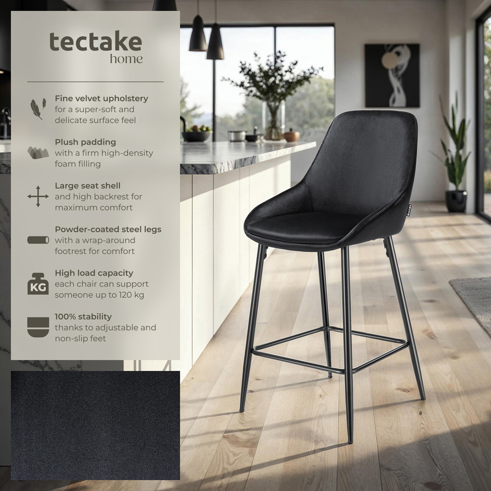 tectake Siera Black Velvet Look Bar Stool Set of 4 Image 7