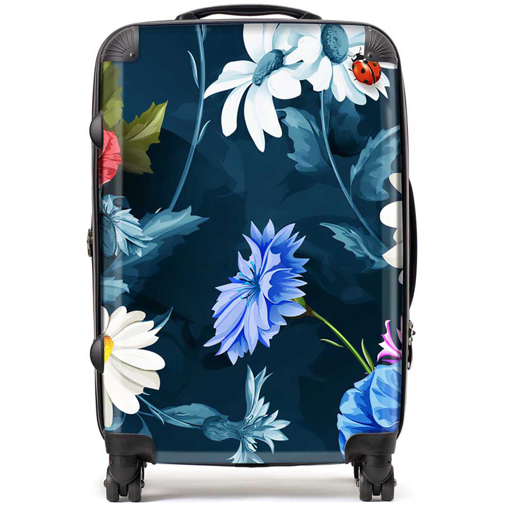 Warren Reed Designer Medium Poppy Flowers with Chamomile Leaves Cornflowers On Dark Blue Suitcase Image 1