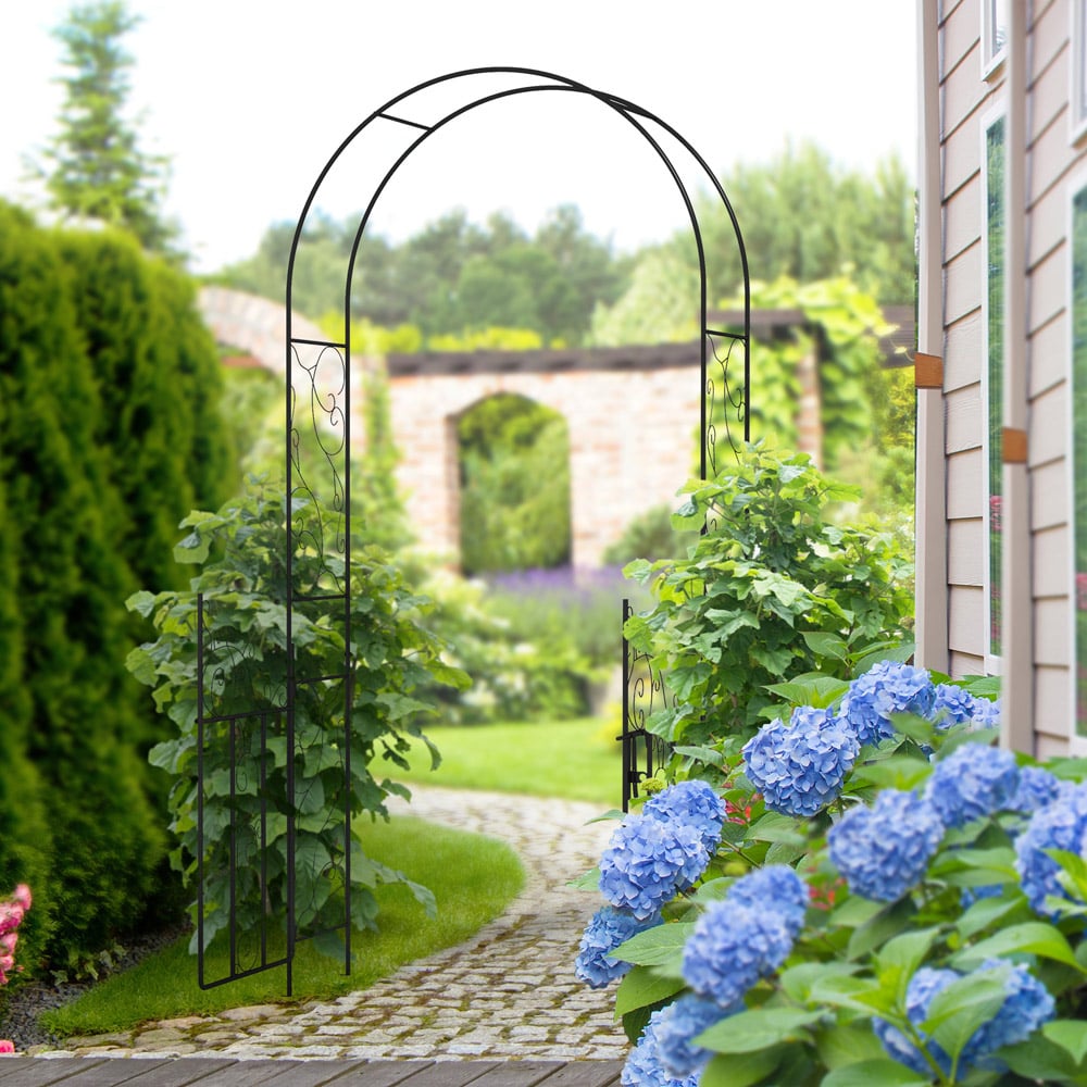 Outsunny 7.4 x 4.1 x 1.2ft Black Metal Garden Arch Arbor with Double Gate Image 1