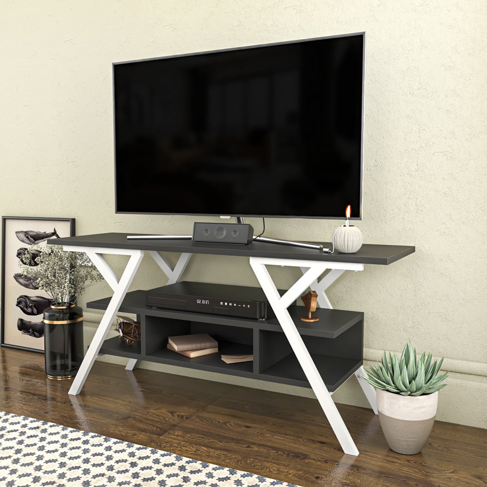 Decorotika Minerva Decorative 4 Open Shelf White and Anthracite TV Unit Image 5