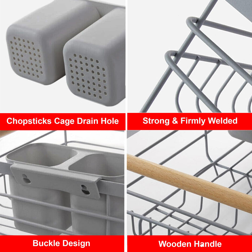 ATEK Grey Wooden Handle Dish Drying Rack with Drain Tray and Cutlery Holder Image 3