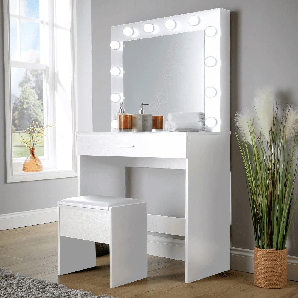 Home Source Ella White LED Lights Mirror Dressing Table with Stool Image 1