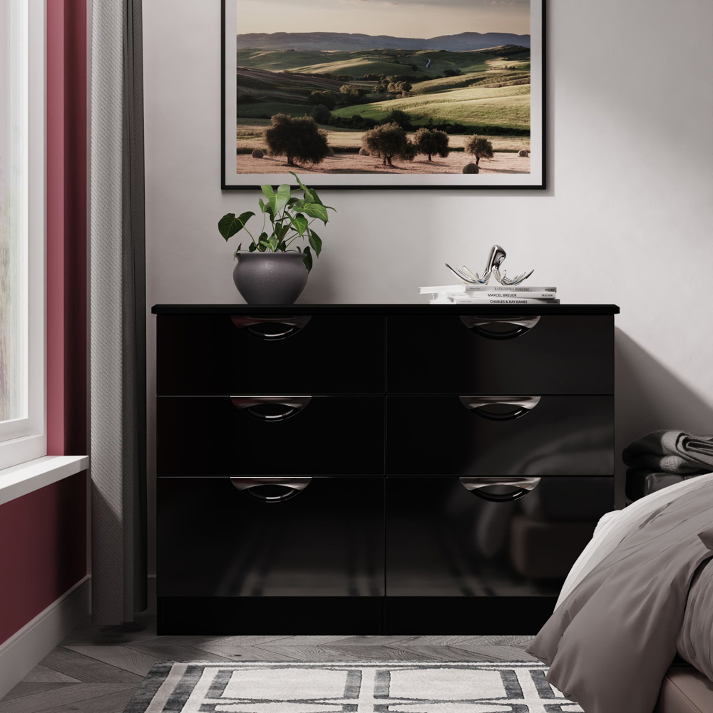 Crowndale Camden 6 Drawer Black Gloss and Black Wide Chest of Drawers Ready Assembled Image 7